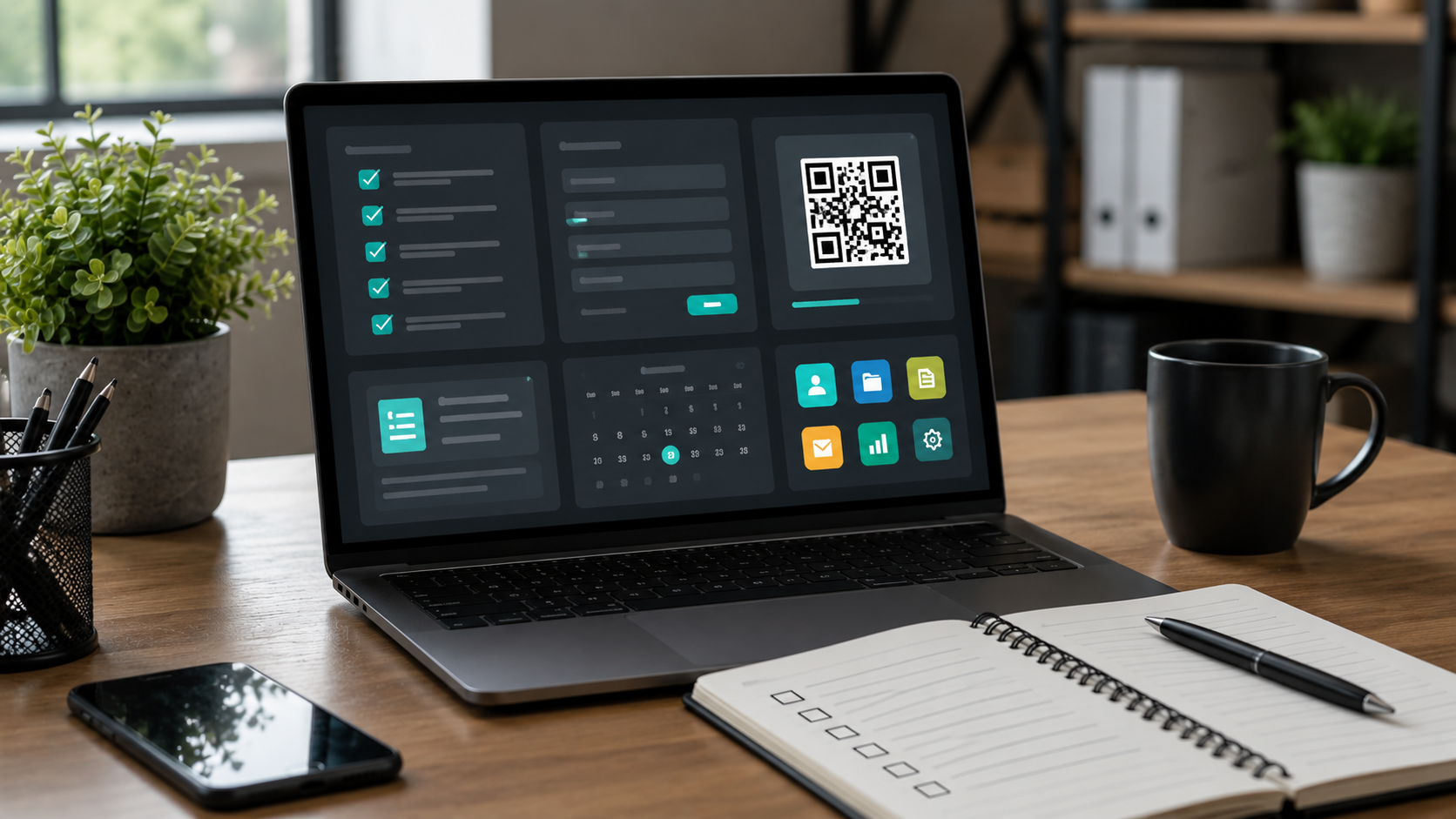 Digitale Bürohelfer mit Checklisten, Formularen und kleinen Werkzeugen