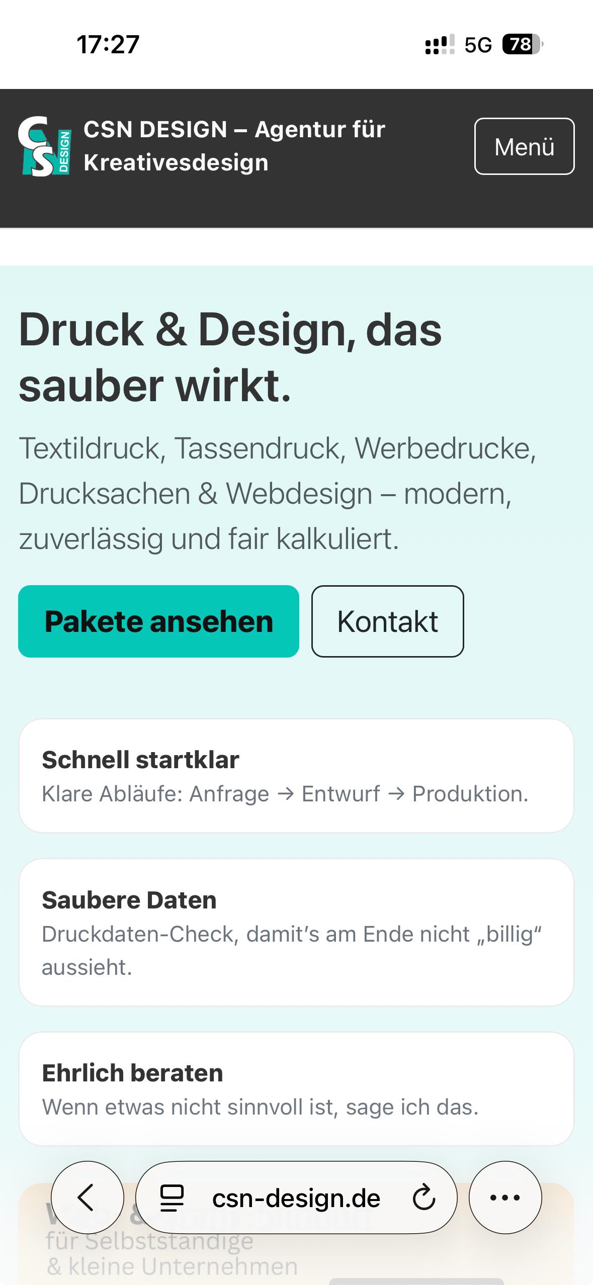 Mobile Ansicht der Webseite CSN-Design